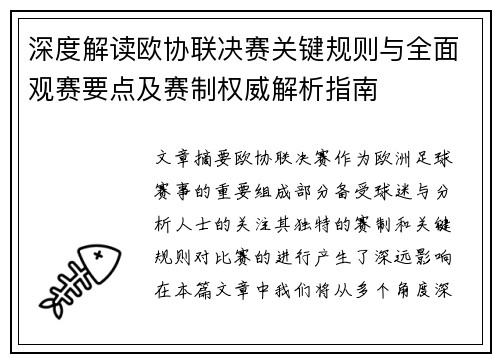 深度解读欧协联决赛关键规则与全面观赛要点及赛制权威解析指南